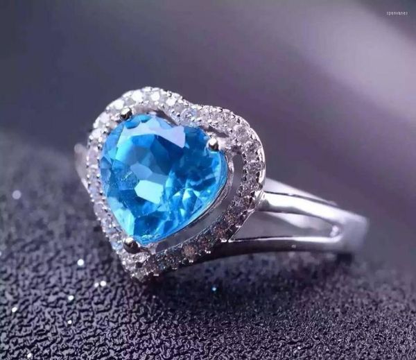 Bagues de grappe Topaze bleue naturelle Gem Ring S925 Silver Gemstone Mode Élégant Romantique Coeur Femmes Fête Cadeau Bijoux