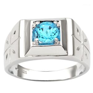 Clusterringen Natural Blue Topaz Men Ring Cross 925 Sterling Silver 6mm Gemstone december Birthone Birthday Gift R510BTN1