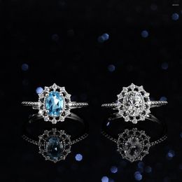 Cluster Ringen Natural Blue Topaz Moissanite Diamond Ring Dames Sterling Zilver One Twisted Line Egg Shaped Round