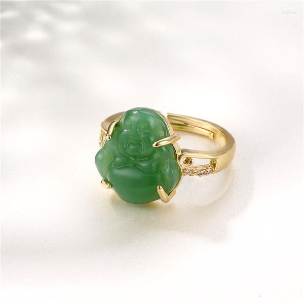 Anillos de racimo Latón natural plateado 18k oro con incrustaciones de jade anillo abierto Buda para mujeres joyería verde