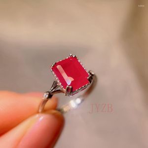 Clusterringen Natural Birma Square Cut Ruby Ring 925 Sterling Silver Simple Light Luxury 7x9mm