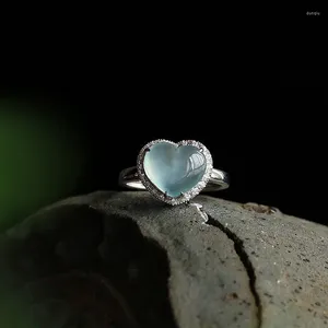 Bagues de cluster Calcédoine naturelle Amour en forme de coeur Diamant Ouverture Bague réglable Chinois Rétro Charme Marque Femme Bijoux En Argent