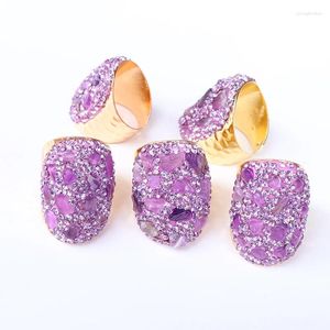 Clusterringen Natuurlijke chips Stone Reiki Healing Quartz Purple Crystal For Women Gold Color Instelbare Yoga Micro Inlay