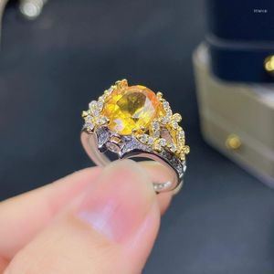 Clusterringen Natuurlijke citriene stenen ring Geel kristal S925 Sterling zilveren trendy luxueuze vrouwen mannen Gift Jewelry