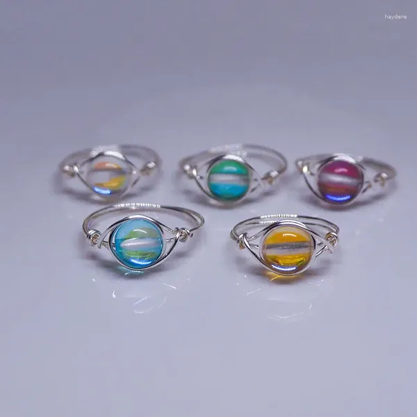 Bagues de cluster Cristal Naturel Pour Femmes Y2K Bulle Perlée Forme D'oeil À La Main Fil Enveloppé Bague Egirl Brillant Violet Bleu Bijoux Fille Cadeau