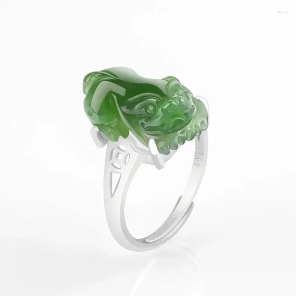 Anillos de clúster esmeralda verde esmeralda jade pixiu anillo S925 Silver Inlaid Tamaño de moda ajustable Regalo de joyería tradicional de alto grado para mujeres