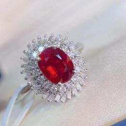 Cluster Ringen Natuurlijke Explosie Myanmar Ly Verbrand Ruby 925 Sterling Zilver Eenvoudige Royale Dames Ring Luxe Kerstcadeau