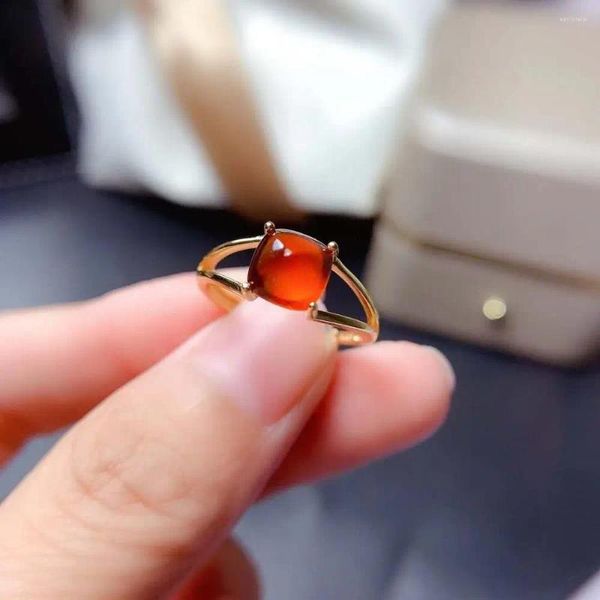 Anillos de racimo Fanta natural Granate Piedra preciosa Anillo cuadrado S925 Plata esterlina Naranja Piedra Fina Moda Charm Joyería para mujeres MeiBaPJ FS