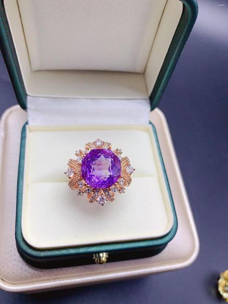 Anillos de clúster Fireworks estilo Amethyst Ring 925 Silver Certified Round 12 mm Púrpura Gemstone Pretty Girl Gift