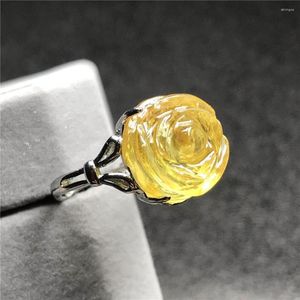 Cluster Anneaux Fleur Naturelle Sculpté Jaune Ambre Anneau Bijoux Pour Femme Homme Cadeau 14mm Perles Argent Mode Réglable Pierre Précieuse