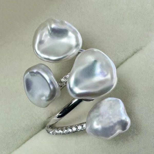 Anillos de clúster anillo de perlas de agua dulce natural con cuatro espejos de luz barras barras 925 personalización plateada regalo de fiesta real