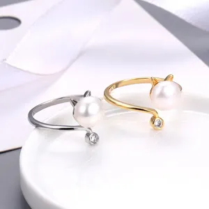 Clusterringen Natural Freshwater Pearl 8.5m Micro Diamond Zirkoon Kitten Ring modieus eenvoudige persoonlijkheid veelzijdige opening verstelbaar