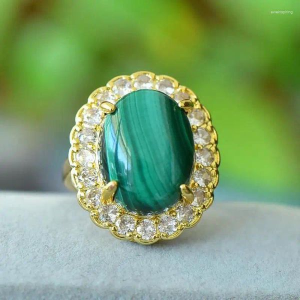 Bagues de cluster Pierre naturelle Malachite Bague Femmes Fine Bijoux Accessoires Véritable Cristal Pierre Zircon Réglable Anillos