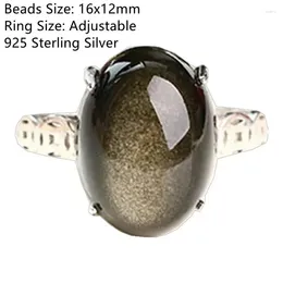 Cluster Anneaux Natural Gold Obsidian Ring Jewelry Fomen Women Men Wealth Gift Crystal Stone 16x12mm Perles en argent sterling réglable