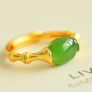 Cluster Ringen Natuurlijke Groene Jade Gouden Bamboe Ring 925 Sterling Zilver Nefriet Tian Jades Band Verstelbare Vrouwen Fijne Sieraden Geschenken