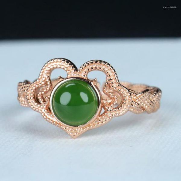 Anillos de racimo Natural Verde Jade Ruyi Anillo 925 Plata Esterlina Hetian Jades Nefrita Hueco Rosa Oro Banda Ajustable Mujeres Joyería Fina