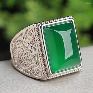 Bagues en grappe Bague en argent jade vert naturel pour hommes Bande de jadéite réglable Réel Chrysoprase Rectangulaire Homme Fine Jewelry Accessoires