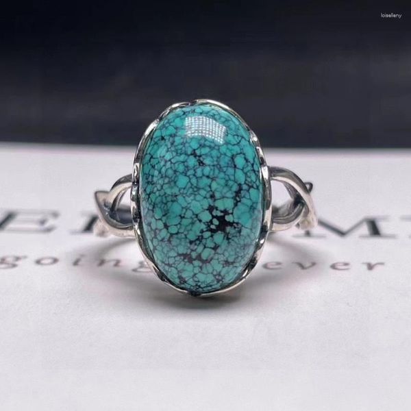 Bagues de cluster Naturel Vert Turquoise Bague réglable Femmes Hommes 10.5x16mm Perles ovales Bleu 925 Sterling Silver Stone