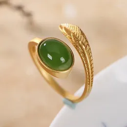 Cluster Ringen Natuurlijke Tian Jade Veer Ring Chinese Stijl Retro Creatieve Unieke Oude Gouden Ambachtelijke Luxe Vrouwen Elegante Zilveren Sieraden