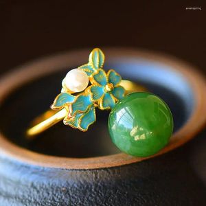 Cluster Anneaux Natural Hetian Jade Green Pearl Ring S925 Siltling Silver Ancient Gold Email incrusté Exquis Ornement élégant