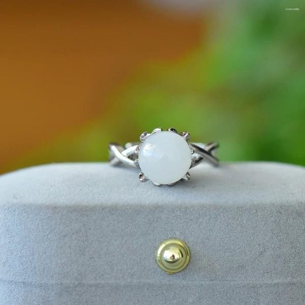 Anneaux de cluster Naturel Hetian Jade Bague pour femmes Blanc Gemstone Tissage Argent Bijoux Accessoires Réglable Cuivre Knuckles Femelle