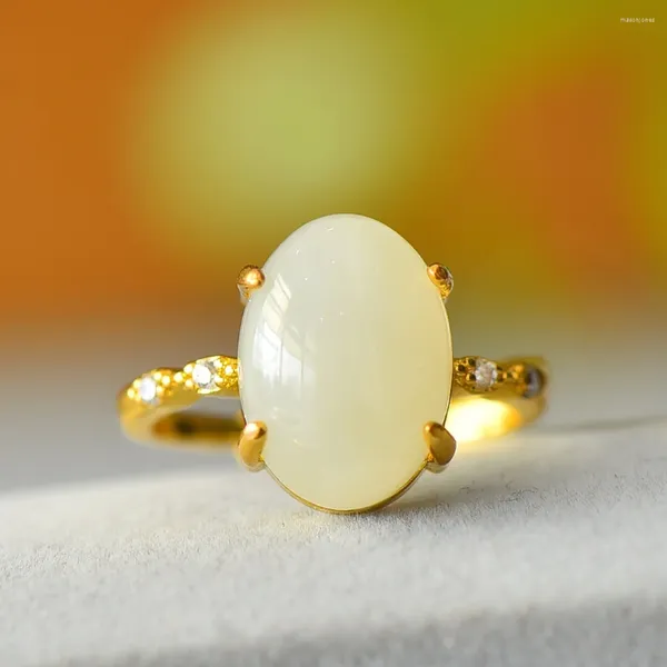 Cluster anneaux naturels hetian jade anneau gemme pierre d'or accessoires plaqués or bijoux de beauté femelle femelle