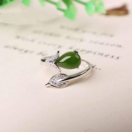 Cluster Rings Natural Jade en Tianyu Women S925 Zilver ingelast bladeren Water Drop Fashion Live Mond Opening Ring Gift