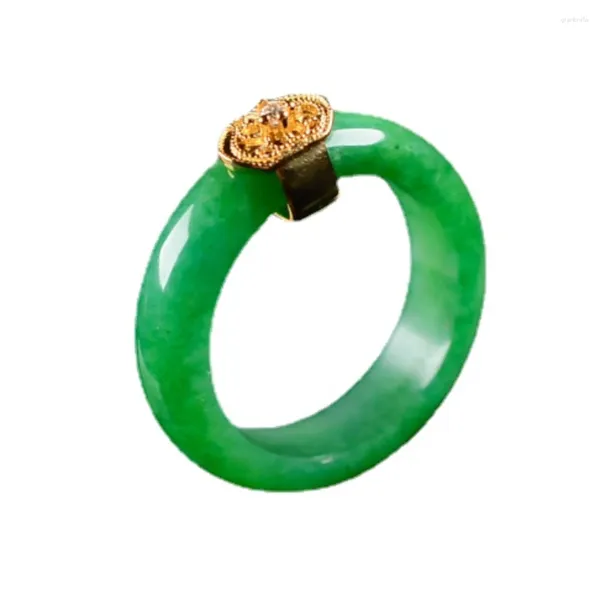 Anillos de racimo Anillo de jadeíta de jade natural Mujer Suerte Banda verde lisa Corona de oro