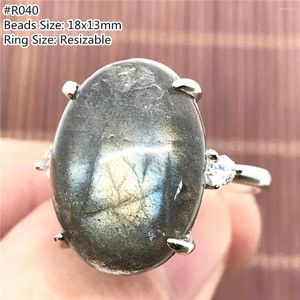 Anillos de racimo Anillo de labradorita natural Joyería Cuentas Cristal de piedra lunar para mujeres Hombre 18x13 mm Suerte Curación Plata Ajustable