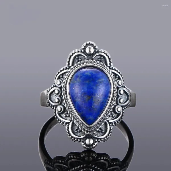 Anillos de racimo Anillo de lapis natural 925 plata esterlina para mujeres hombres en forma de gota piedra joyería fina regalo retro fiesta dedo