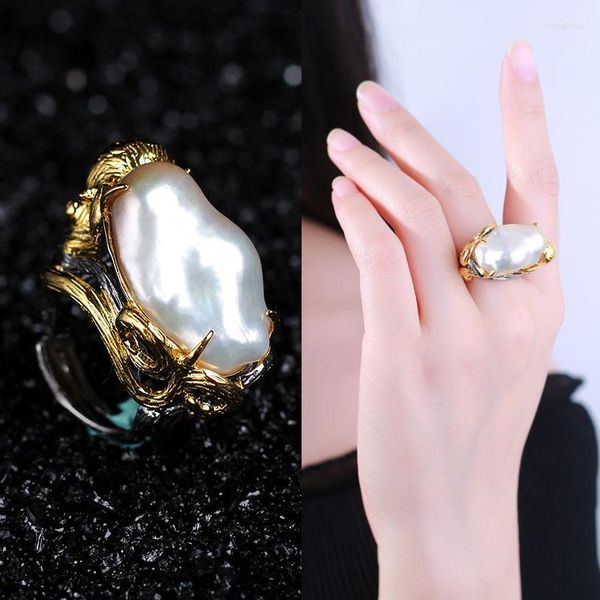 Cluster Rings Naturel Long Pearl Ring Factory Custom Baroque Bijoux Femme S925 Sterling Silver Incrusté Gem En Gros Open Ended