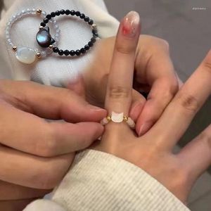 Anillos de racimo Piedra lunar natural Cuentas de obsidiana Minimalista Fidget Anillo Lindo Negro Blanco Animal Gato Mujeres Accesorios de fiesta Joyería