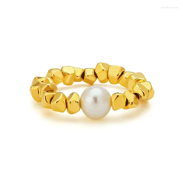 Anillos de racimo Anillo de perlas naturales para mujeres Color oro Cuentas de circón Oficina Joyería de moda Simple OEM al por mayor