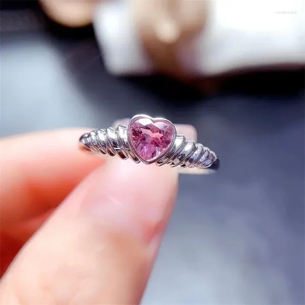 Bagues de cluster Bague de tourmaline de couleur rose naturelle 925 dames d'argent simples et mignonnes