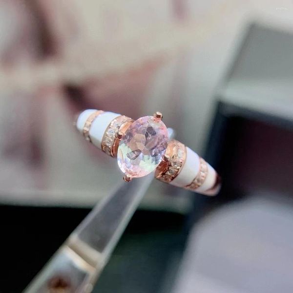 Anillos de racimo Anillo de morganita rosa natural 0.7ct 5 mm 7 mm 925 joyería de esmalte sólido de plata con 3 capas chapadas en oro