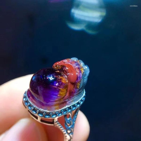 Bagues de cluster Naturel Violet Cacoxénite Rouge Auralite 23 Bague réglable 17,71 / 11mm Bijoux Femmes Hommes Quartz Rutilé Pi Xiu Sculpté