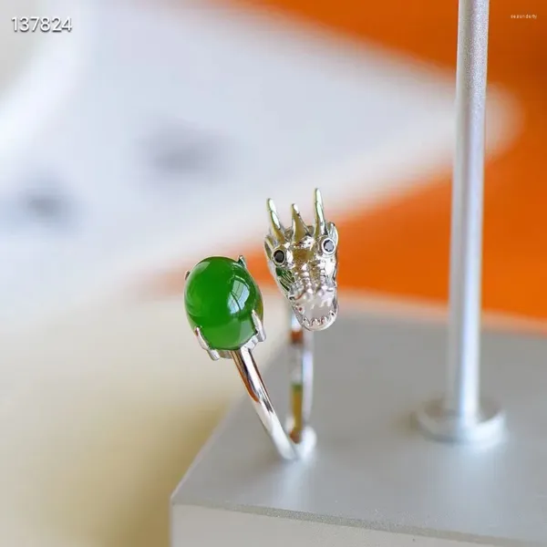 Bagues de cluster Naturel Véritable 925 Sterling Silver Dragon Incrusté Vert Hetian Jade Bague Ouverte Pour Femmes Cadeau De Fiançailles