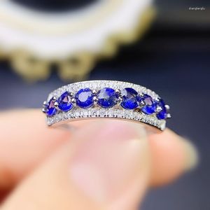 Bagues de grappe Bague ronde en saphir bleu véritable naturel 0.15ct 7pcs Gemstone 925 Sterling Silver Fine Jewelry J228225