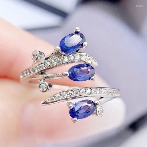 Cluster Anneaux Natural Real Blue Sapphire Anneau de luxe Style réglable de luxe 925 STERLING 0.4CT 3PCS Gemstone Fine bijoux Femmes L243332