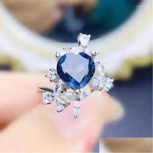 Clusterringen Natuurlijke echte blauwe topazring Love Heart Luxury Style Per Sieraden 8 8mm 2.5ct Gemstone 925 Sterling Sier Fine J23946 Dr Dhg4v