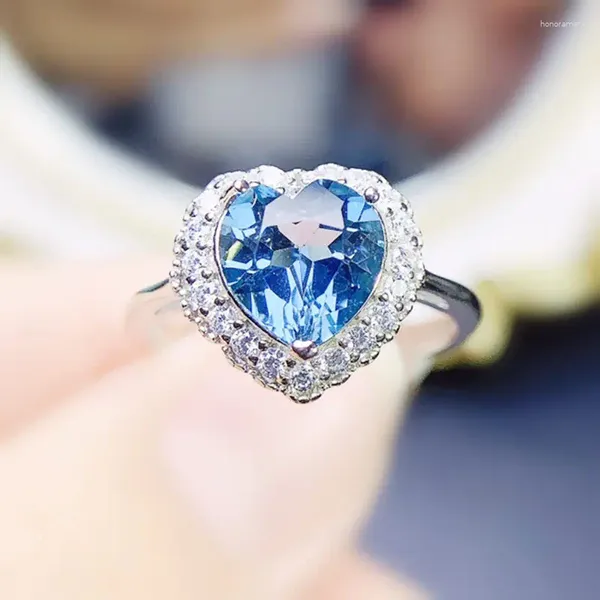 Bagues de cluster Naturel Real Blue Topaz Bague Love Heart Style par bijoux 8 8mm 2.5ct Gemstone 925 Sterling Silver Fine J23945