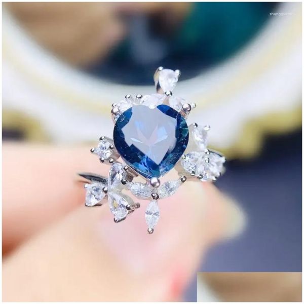 Anneaux de cluster Naturel Real Blue Topaz Bague Love Heart Style de luxe par bijoux 8 8mm 2.5ct Gemstone 925 Sterling Sier Fine J23946 Drop Dhmpw