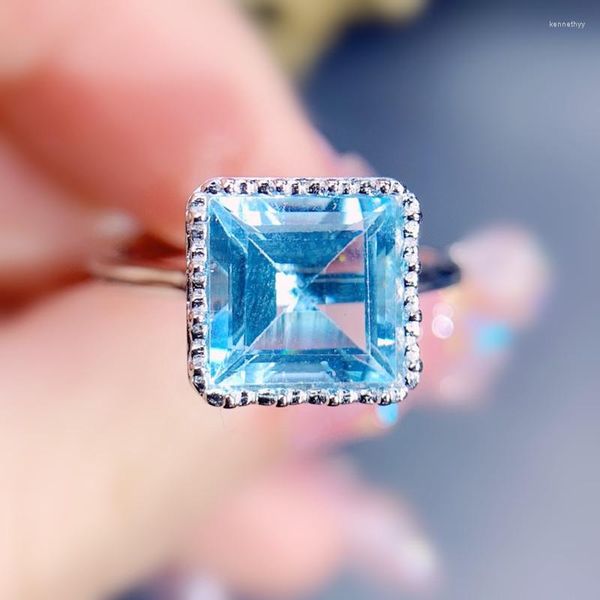 Bagues de cluster Naturel Véritable Bleu Topaz Bague carrée 925 Sterling Argent 8 8mm 3.5ct Bijoux fins pour hommes ou femmes J224155