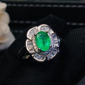 Cluster Ringen Natural Real Emerald Flower Ring per sieraden 5 * 7mm 0,9ct ovale edelsteen 925 Sterling zilver fijn J210612