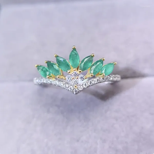 Bagues de cluster Naturel Véritable Vert Émeraude Bague De Luxe Couronne Style 925 Sterling Argent 0.15ct 7 pcs Pierres Précieuses Fine Bijoux L231285