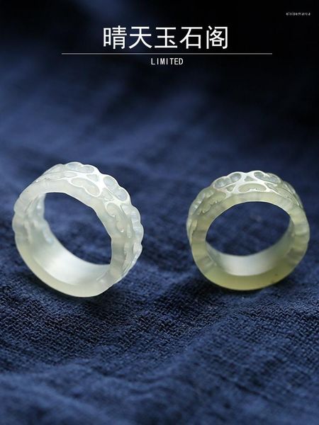 Anillos de racimo Natural Real verde blanco Hetian Jade anillo tallado hueco Simple mujeres fiesta boda joyería regalo para hombres