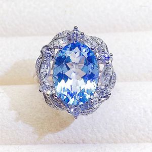 Clusterringen Natuurlijke echte hemelsblauw Topaz Bladeren Stijl Big Ring 925 Sterling Silver 10 14mm 8.8ct Gemstone Fine Jewelry Women X223266