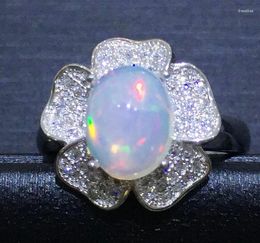 Bagues de cluster Naturel Véritable Blanc Opal Fleur Bague 925 Sterling Argent 1.1ct Pierre Précieuse Pour Femmes Ou Hommes Doigt Fine Bijoux B5041511