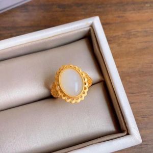 Anillos de racimo Natural S925 plata esterlina con incrustaciones Hetian anillo de Jade blanco estilo de moda regalo para novia madre joyería de mano