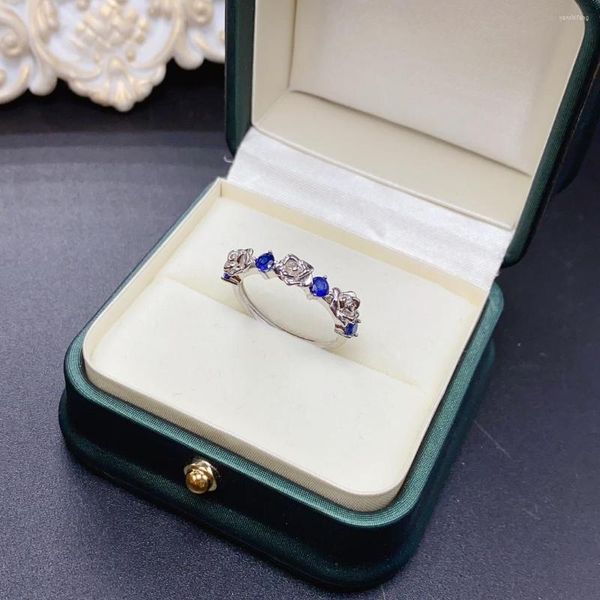 Bagues Cluster Bague Fleur Saphir Naturel Argent 925 Certifié 3x3mm Pierre Précieuse Bleue Jolie Fille Cadeau